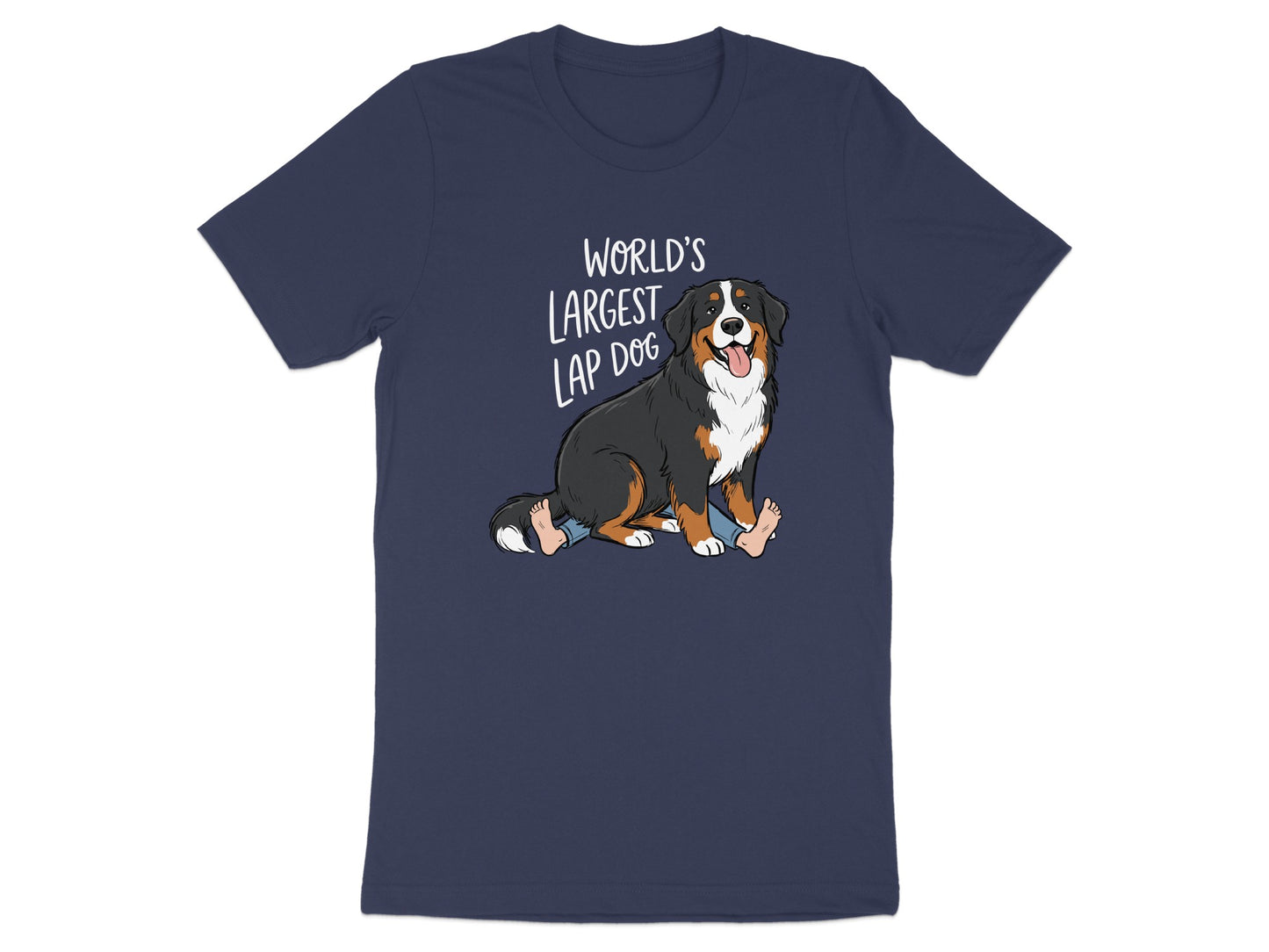 Bernese Mountain Dog sitting with text "World's Largest Lap Dog".
