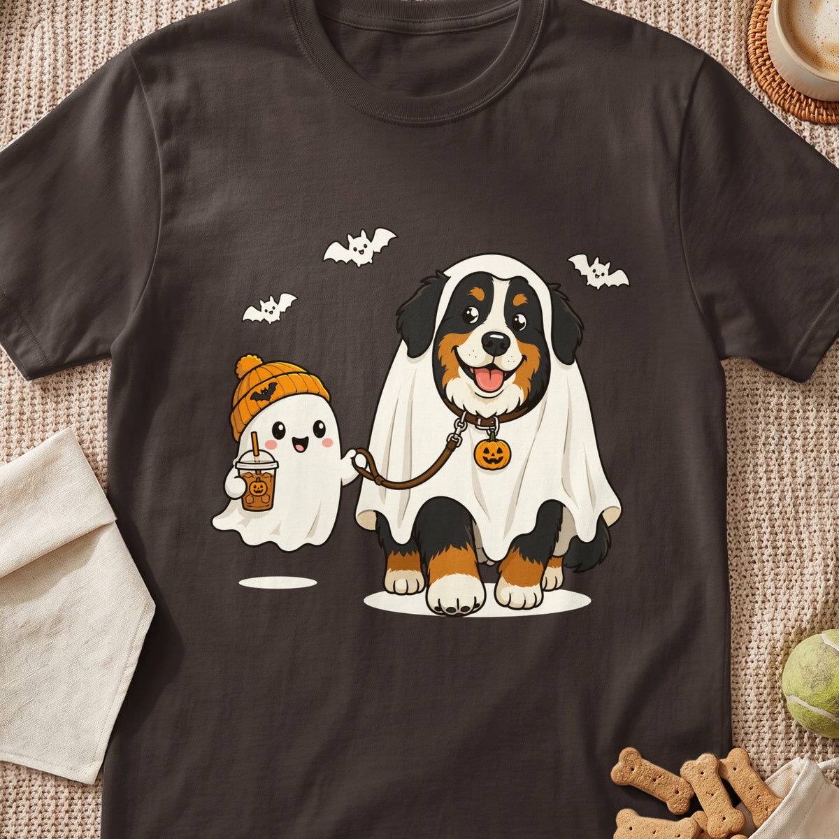 Bernese Mountain Dog and ghost in Halloween costumes with bats and pumpkin latte.