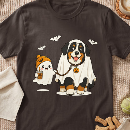 Bernese Mountain Dog and ghost in Halloween costumes with bats and pumpkin latte.