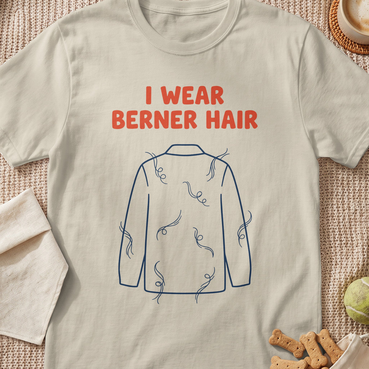 Cream t-shirt with "I wear Berner Hair" text and dog hair graphic.