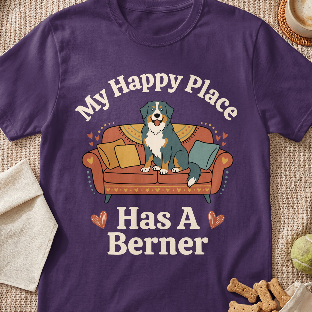 Purple t-shirt with illustration of dog on couch and text "My Happy Place Has A Berner".