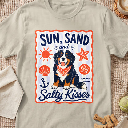 Bernese Mountain Dog wearing bandana on t-shirt with "Sun, Sand and Salty Kisses."