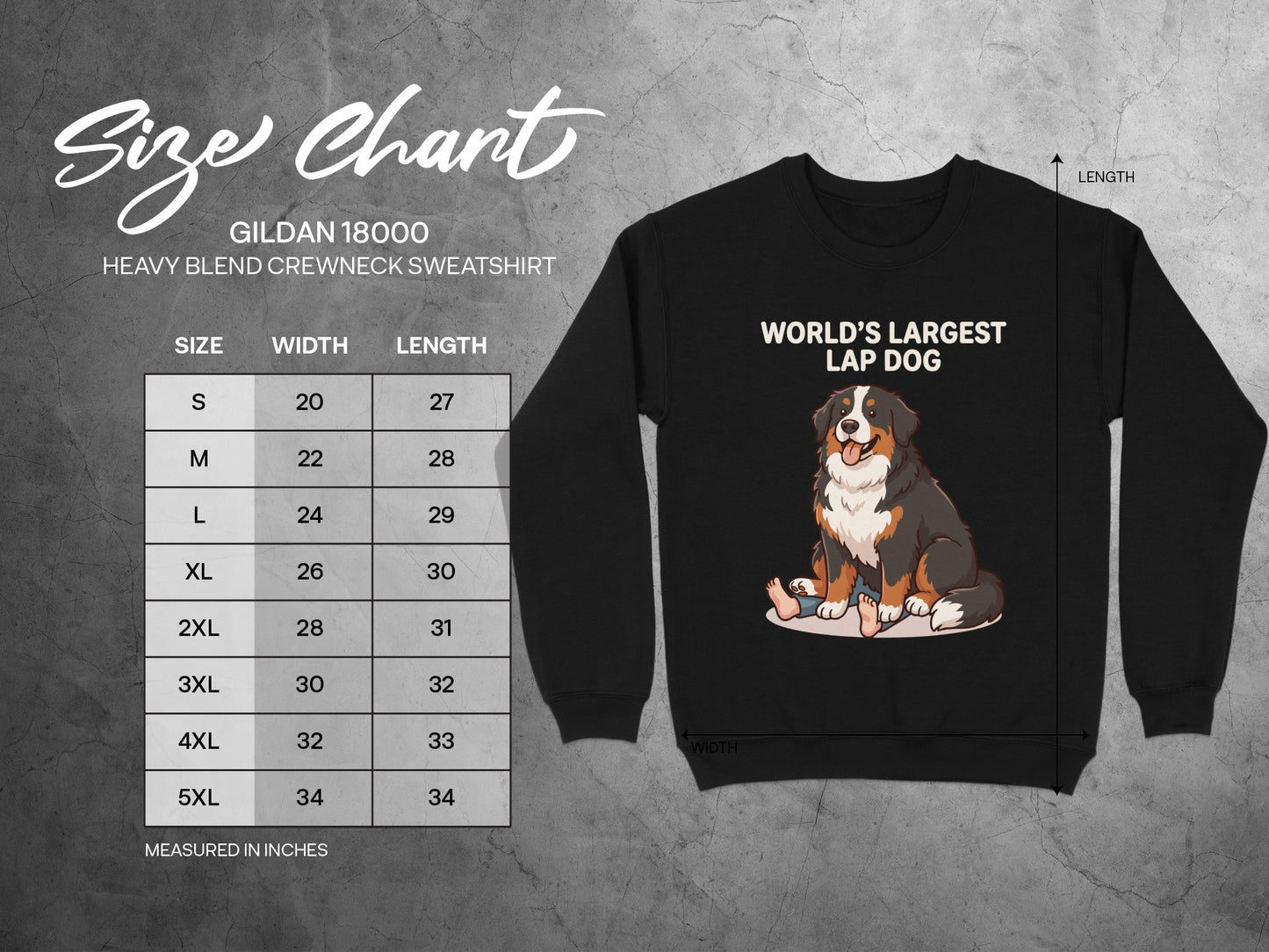 Gildan 18000 size chart for crewneck sweatshirt with dog graphic.