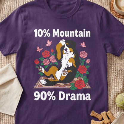 Bernese Mountain Dog with roses and butterflies, text "10% Mountain 90% Drama".