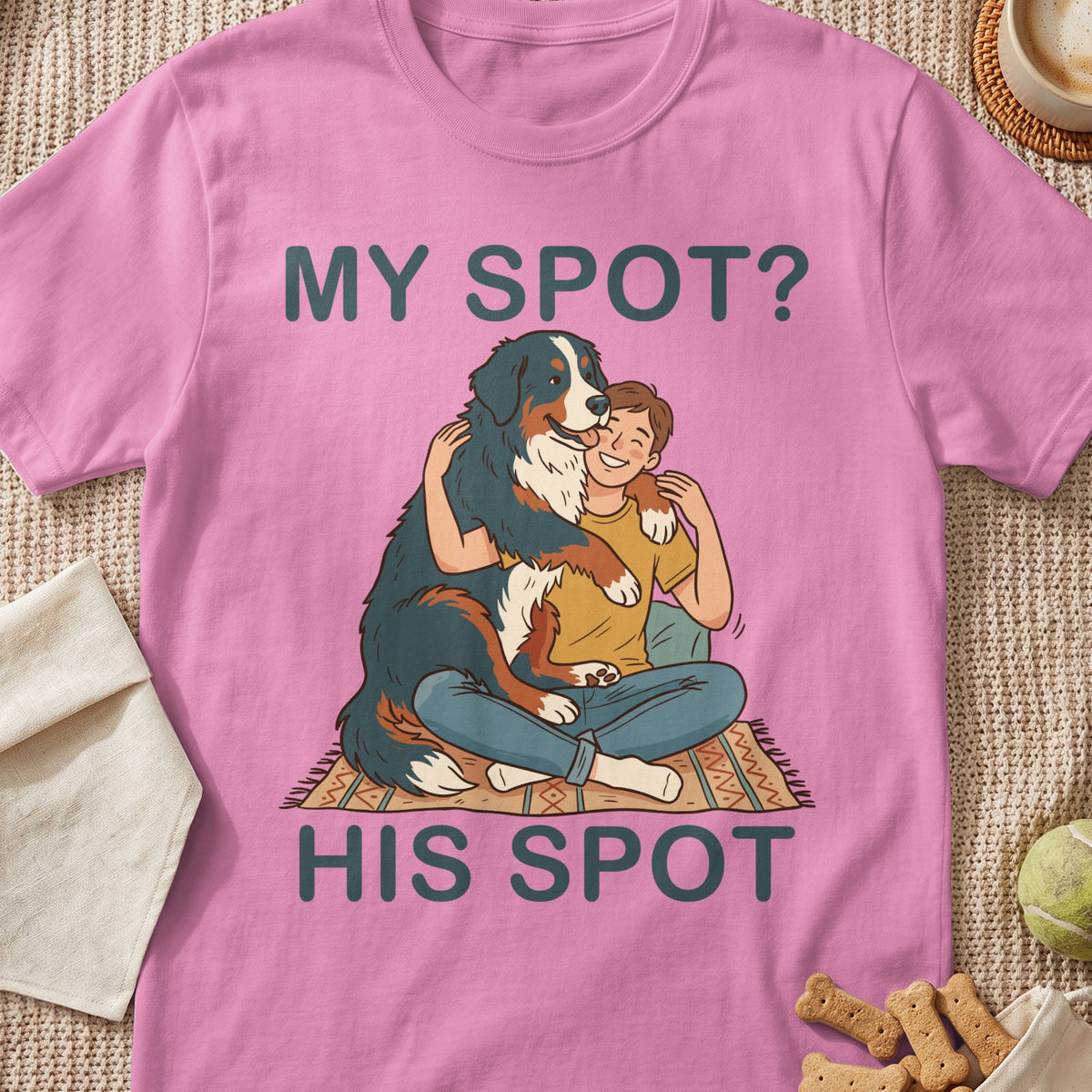 T-shirt with a dog hugging a person, text reads "MY SPOT? HIS SPOT."