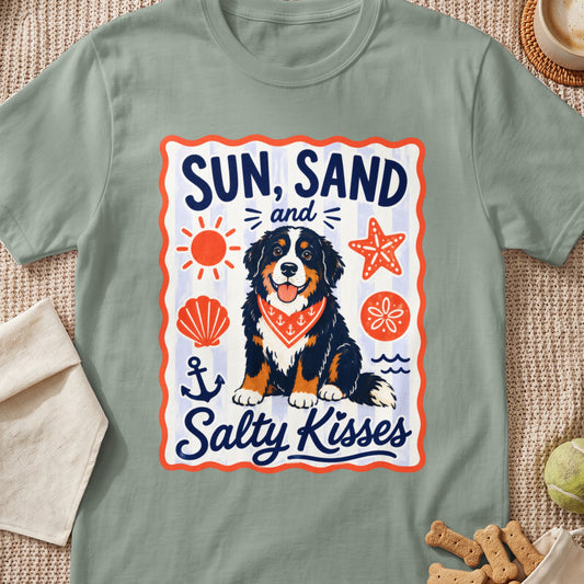 Bernese Mountain Dog with bandana and text "Sun, Sand, and Salty Kisses" on shirt.