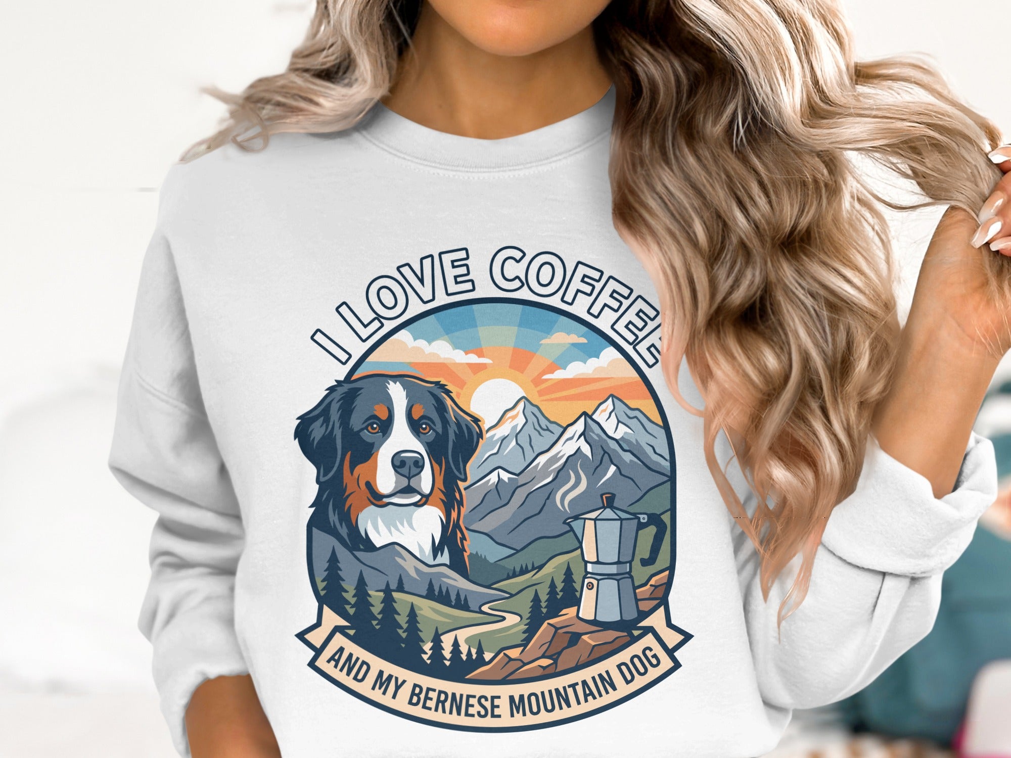 Bernese Mountain Dog with mountains, coffee pot, and trees, text "I LOVE COFFEE AND MY BERNESE MOUNTAIN DOG".