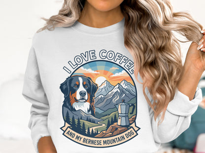 Bernese Mountain Dog with mountains, coffee pot, and trees, text "I LOVE COFFEE AND MY BERNESE MOUNTAIN DOG".