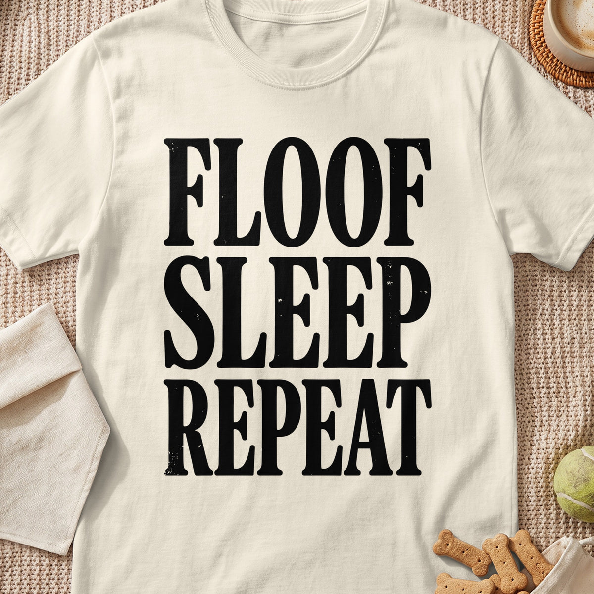 Cream t-shirt with black text "FLOOF SLEEP REPEAT"