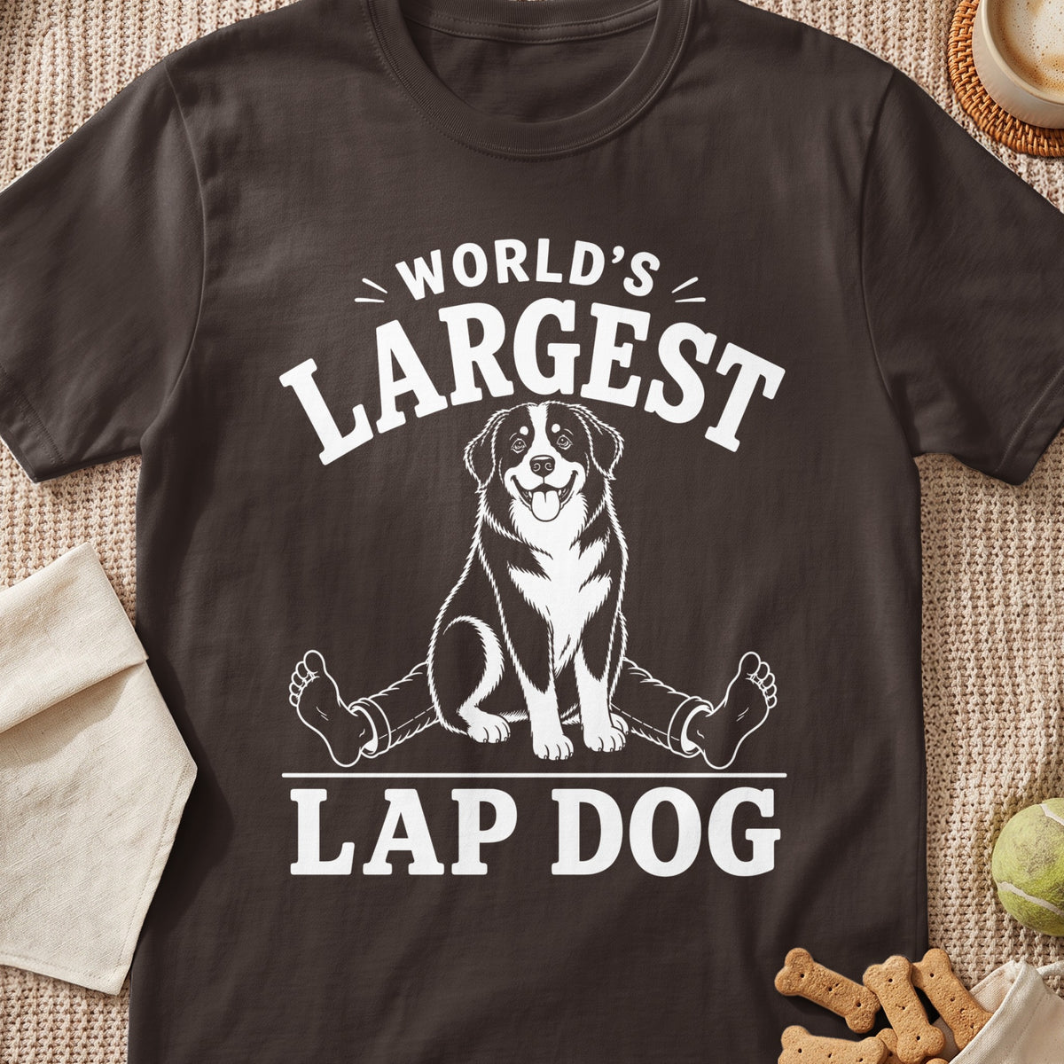 Brown t-shirt with white text "World's Largest Lap Dog" and a dog graphic.