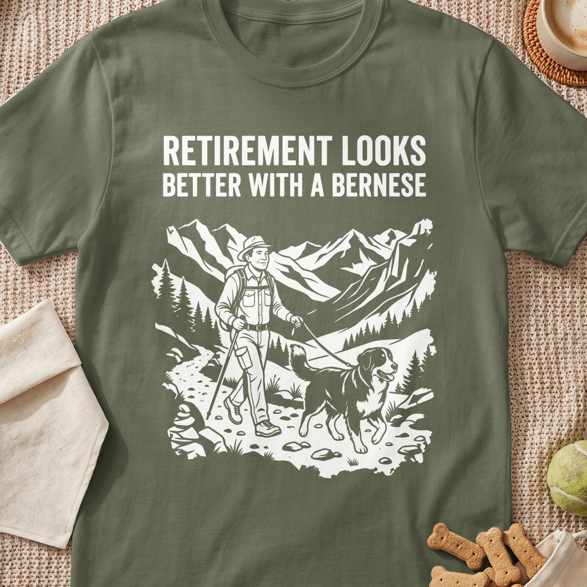 Retirement looks better with a Bernese text over a hiker and dog in mountains.