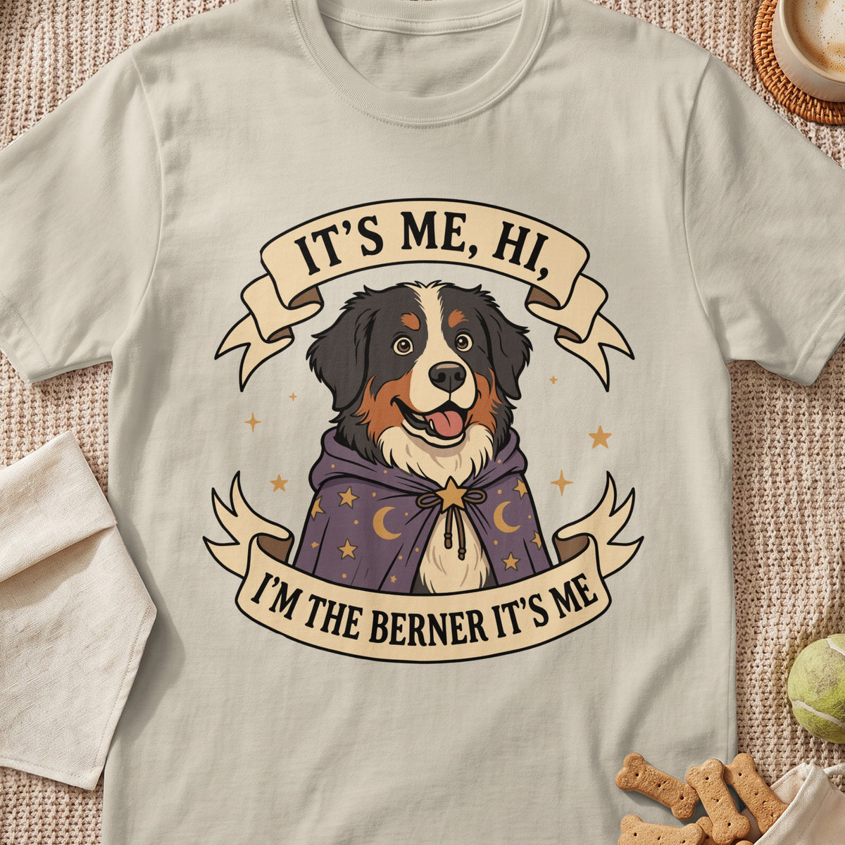 Bernese Mountain Dog wearing a celestial robe with text "It's Me, Hi, I'm The Berner It's Me".