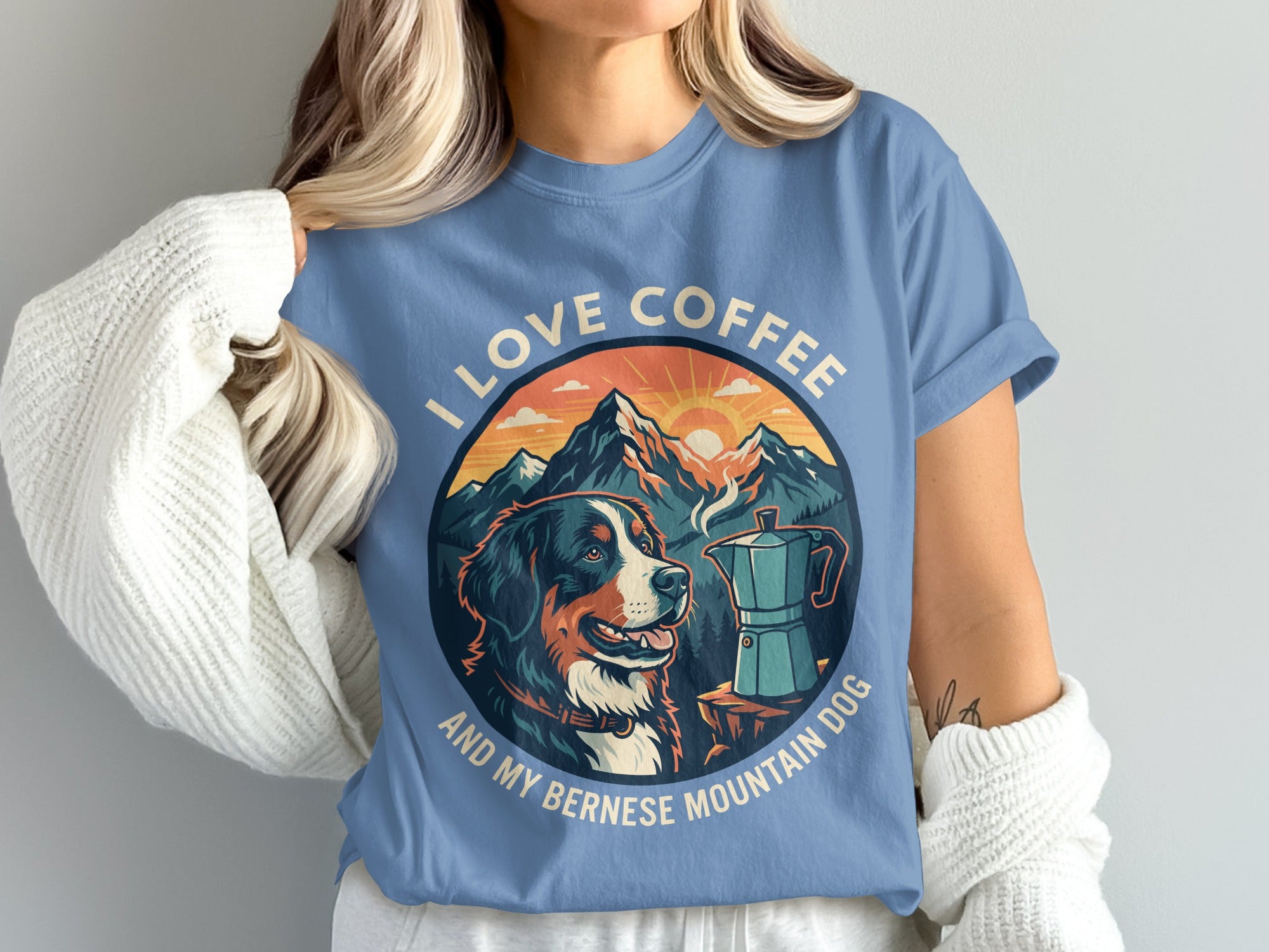 Bernese Mountain Dog with coffee pot and mountains, text "I LOVE COFFEE AND MY BERNESE MOUNTAIN DOG".