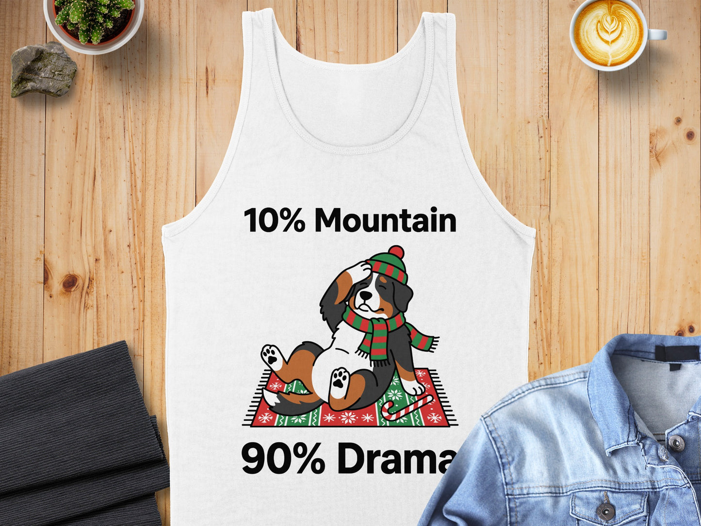 White tank top with "10% Mountain 90% Drama" and a cartoon dog.