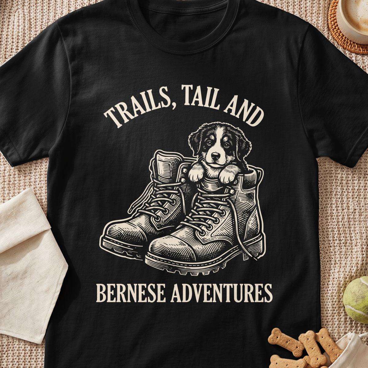 Black t-shirt with a puppy in boots graphic and text "TRAILS, TAIL AND BERNESE ADVENTURES."