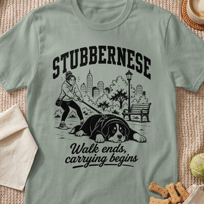 T-shirt graphic with text "STUBBERNESE" and illustration of a large dog refusing to walk.
