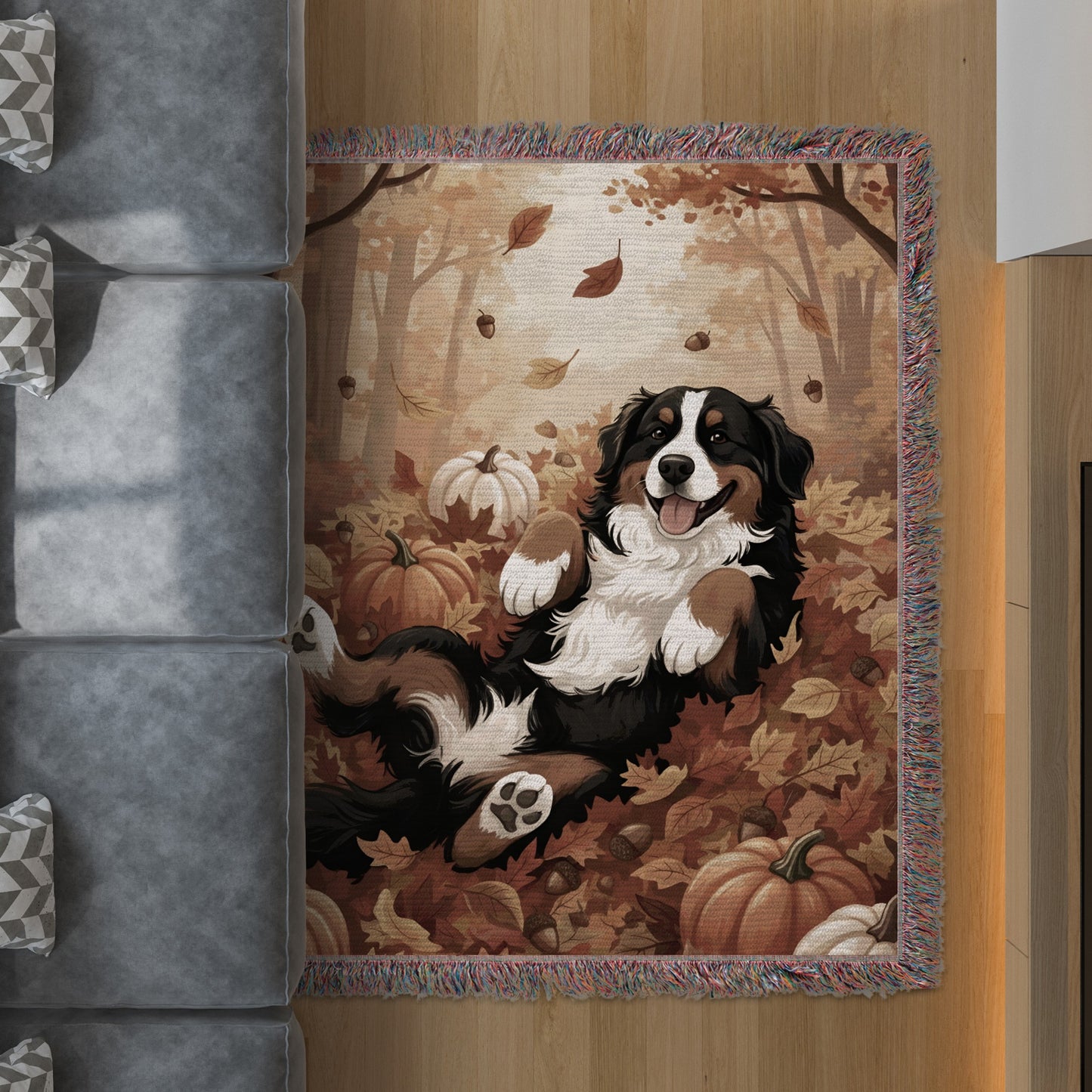 Adorable Dog Playing in Autumn Leaves Couch Blanket