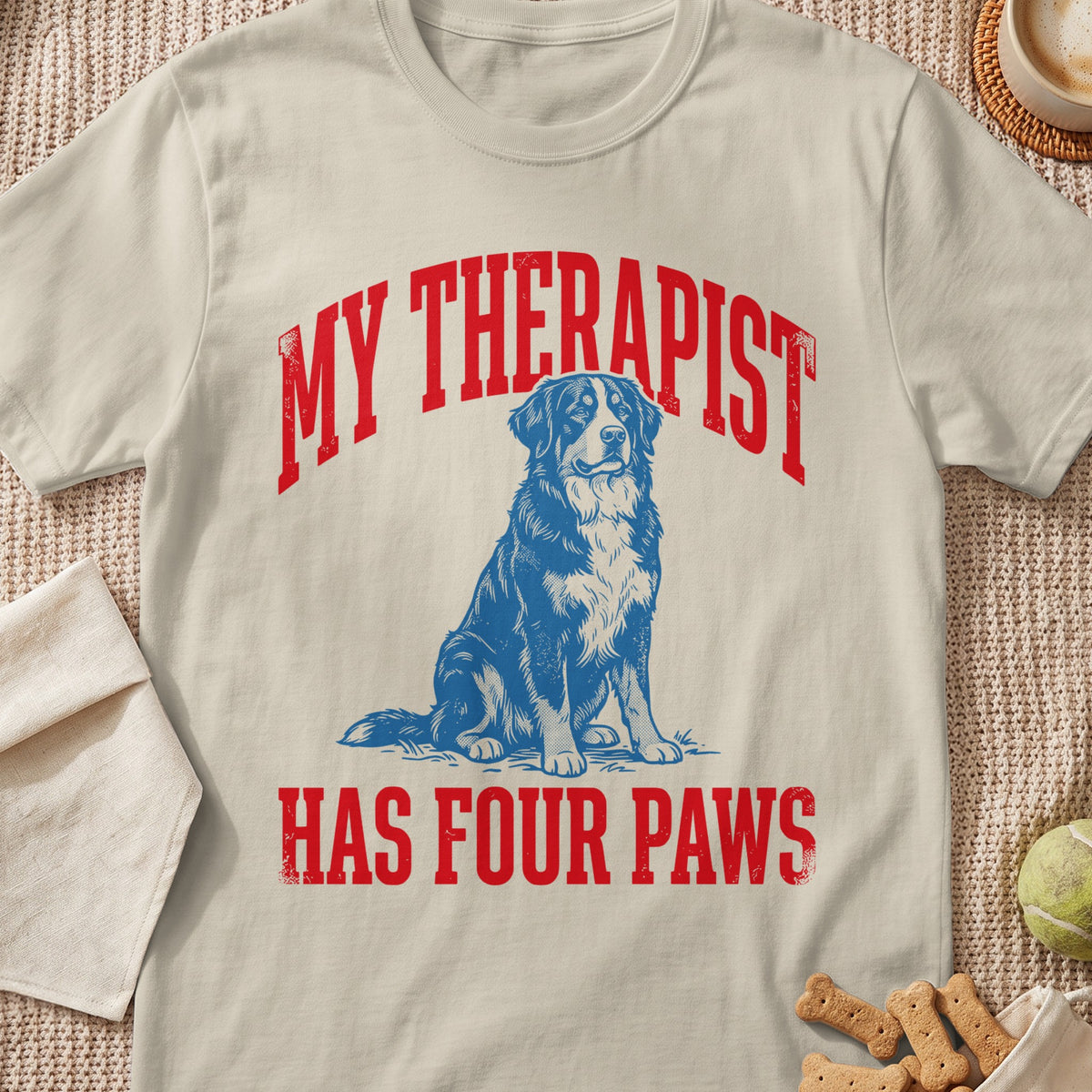 T-shirt with "My Therapist Has Four Paws" text and blue dog graphic.