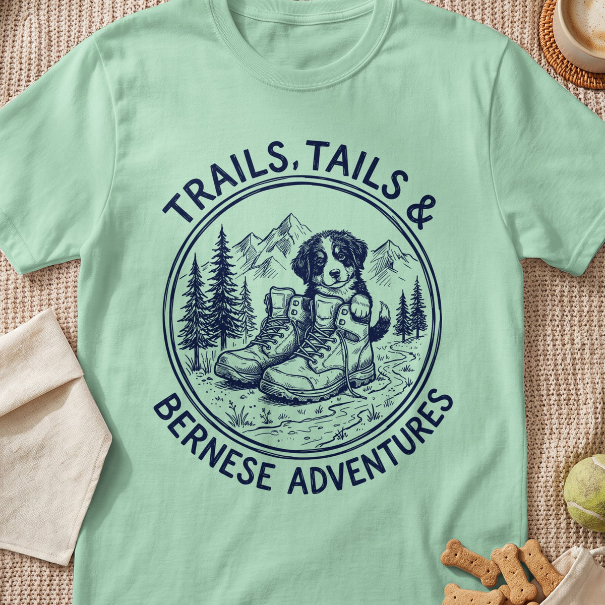 Bernese puppy peeking out of hiking boots with text "TRAILS, TAILS & BERNESE ADVENTURES".