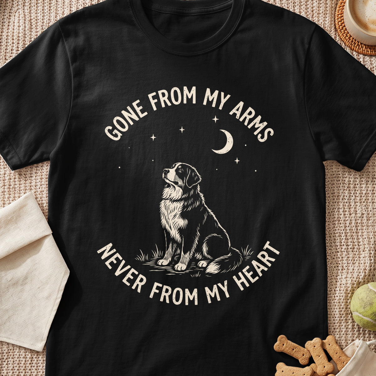 Black t-shirt with a Bernese Mountain Dog and the text "Gone From My Arms, Never From My Heart".