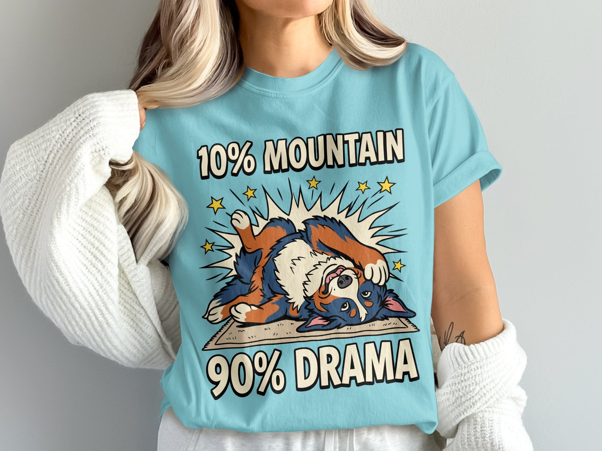 Bernese Mountain Dog on rug with text "10% MOUNTAIN 90% DRAMA".