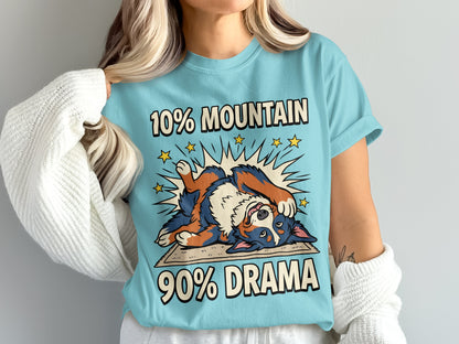 Bernese Mountain Dog on rug with text "10% MOUNTAIN 90% DRAMA".