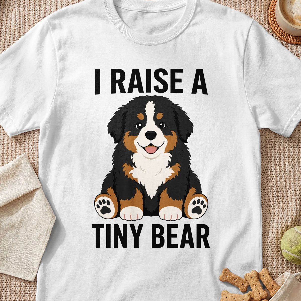 White t-shirt with cartoon Bernese Mountain Dog and text "I RAISE A TINY BEAR".