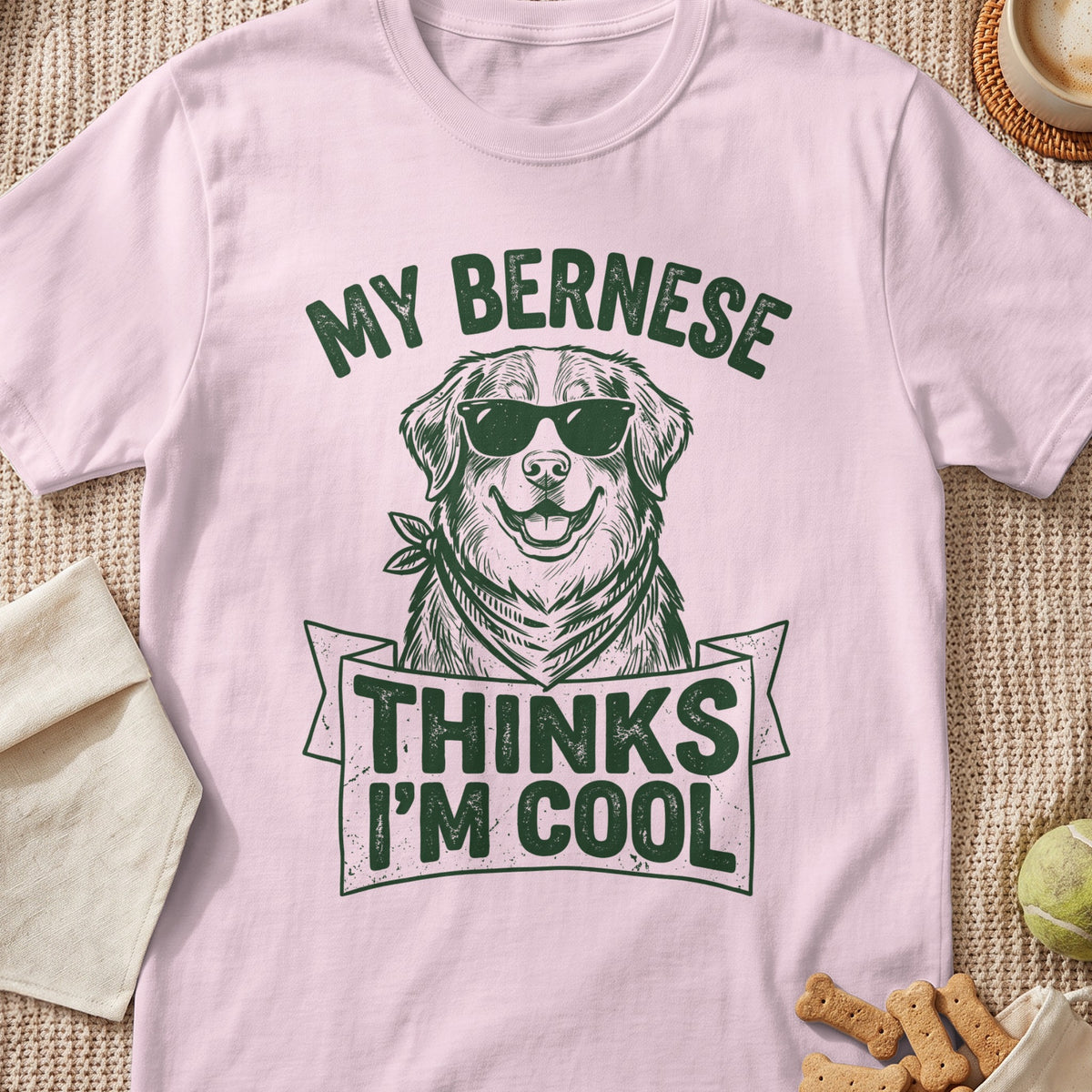Pink t-shirt with green text "My Bernese Thinks I'm Cool" and dog graphic.