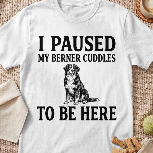 White t-shirt with black text and a Bernese Mountain Dog illustration.