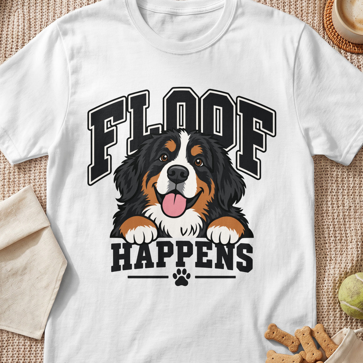White t-shirt with a cartoon Bernese Mountain Dog and the text "FLOOF HAPPENS".
