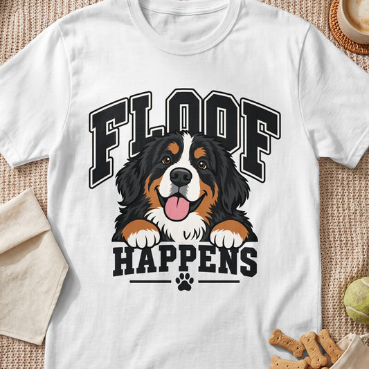 White t-shirt with a cartoon Bernese Mountain Dog and the text "FLOOF HAPPENS".