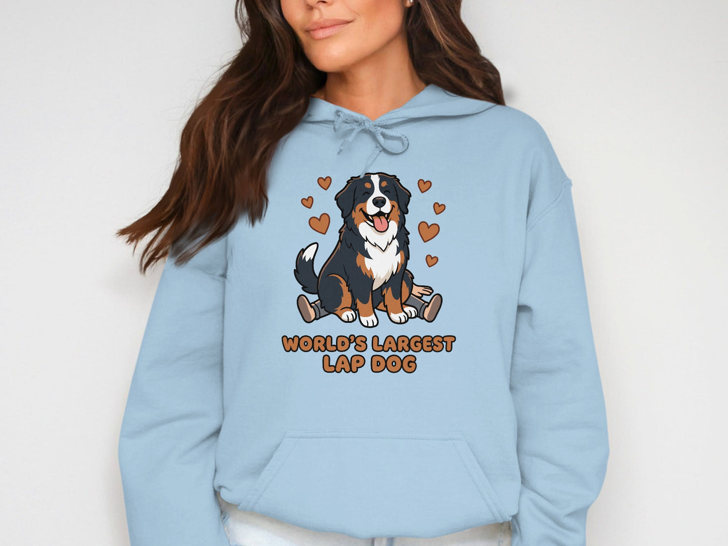 Bernese Mountain Dog illustration with hearts and "World's Largest Lap Dog" text.