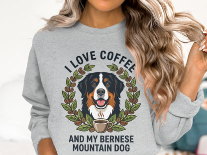 Bernese Mountain Dog graphic with "I Love Coffee" and coffee bean wreath.