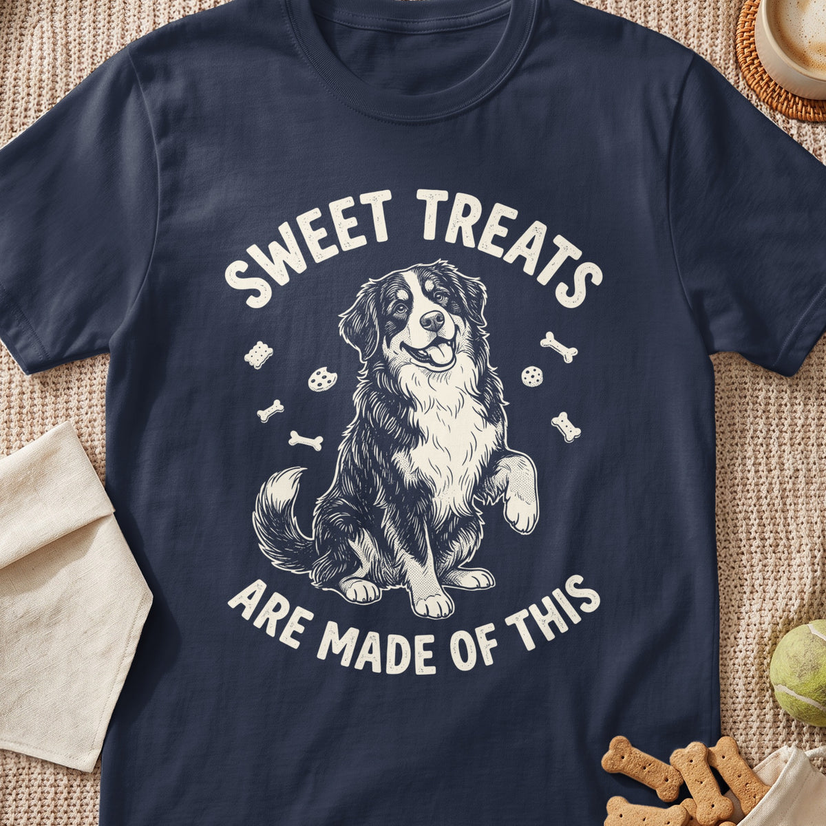 Bernese Mountain Dog on navy shirt with "Sweet Treats Are Made of This" text.