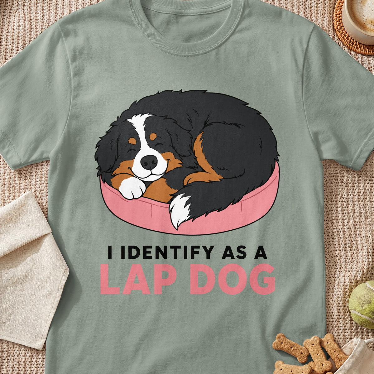 Bernese Mountain Dog sleeping in a pink bed with text "I IDENTIFY AS A LAP DOG".