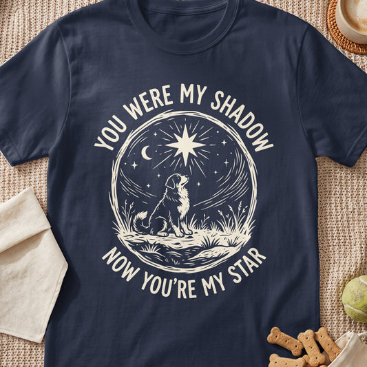 Navy t-shirt with a dog looking at a star and moon; text reads "You were my shadow, now you're my star."