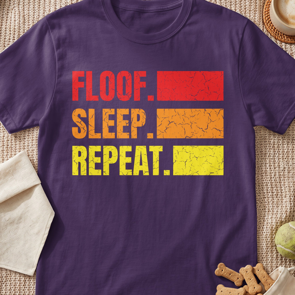 Purple t-shirt with "FLOOF. SLEEP. REPEAT." text in distressed red, orange, and yellow blocks.