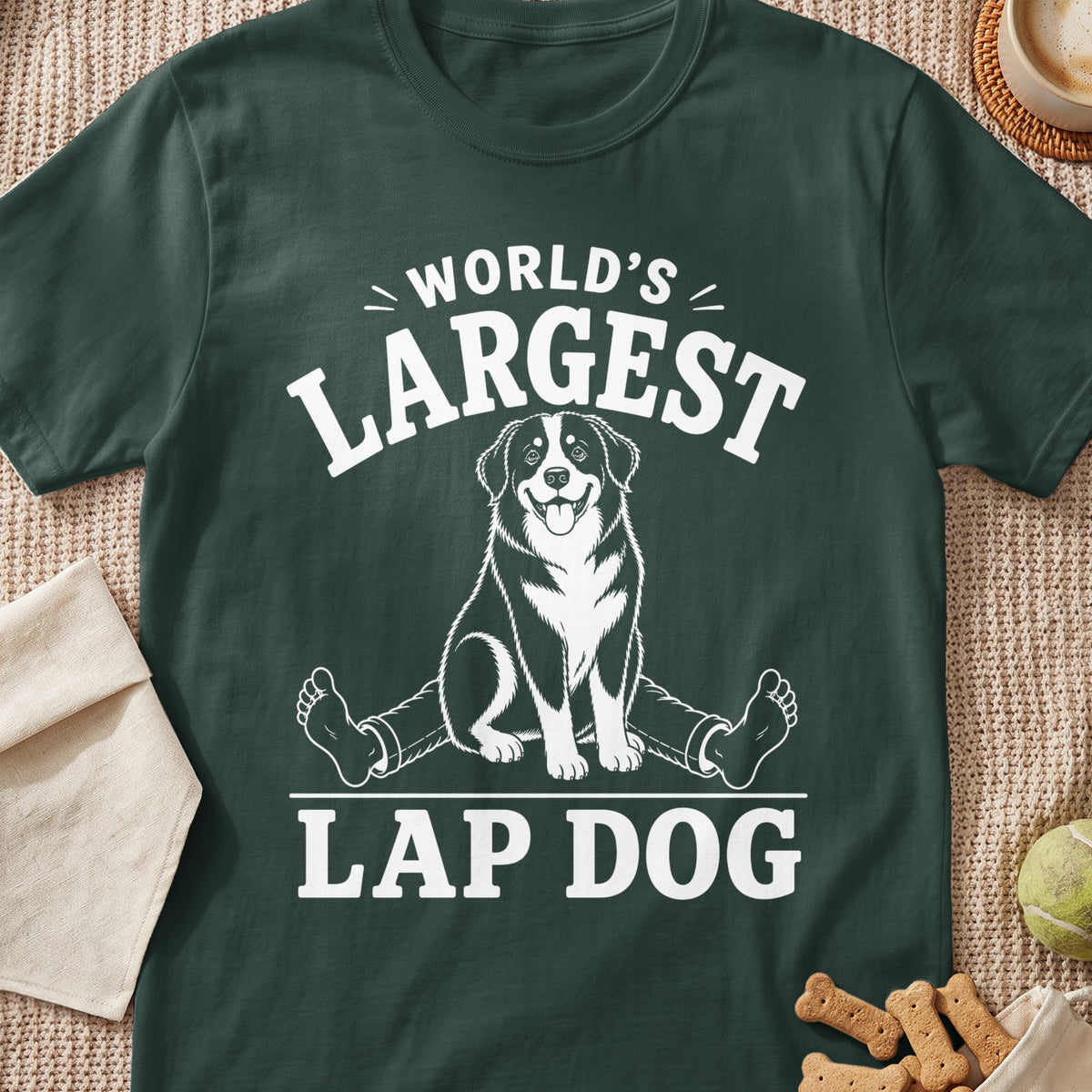 Dark green t-shirt with "World's Largest Lap Dog" graphic featuring a dog and human legs.