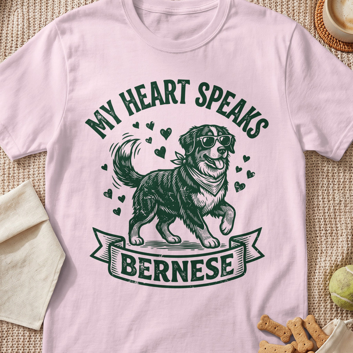 Bernese Mountain Dog illustration on pink t-shirt with "My Heart Speaks Bernese" text.