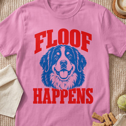 Pink t-shirt with blue Bernese Mountain Dog graphic and red text "FLOOF HAPPENS".