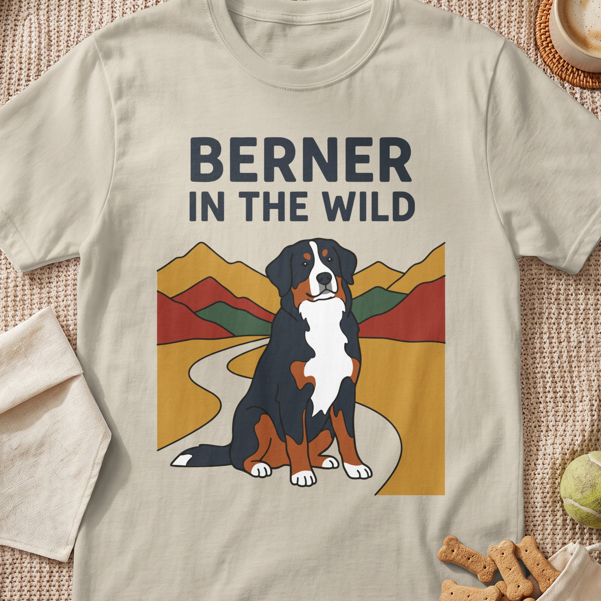 Bernese Mountain Dog sitting on a path with mountains, text "BERNER IN THE WILD."