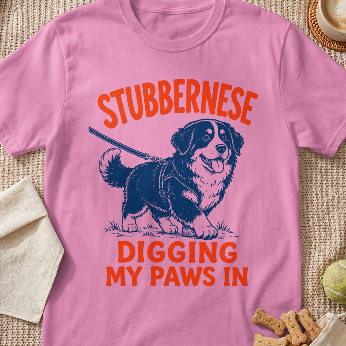 Pink t-shirt with "STUBBERNESE DIGGING MY PAWS IN" and a dog graphic.