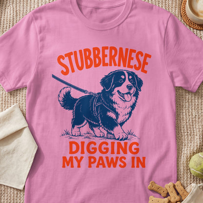 Pink t-shirt with "STUBBERNESE DIGGING MY PAWS IN" and a dog graphic.