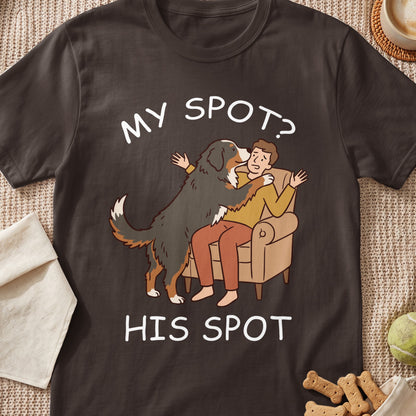 T-shirt with cartoon of dog hugging man in chair, "MY SPOT?" and "HIS SPOT" text.