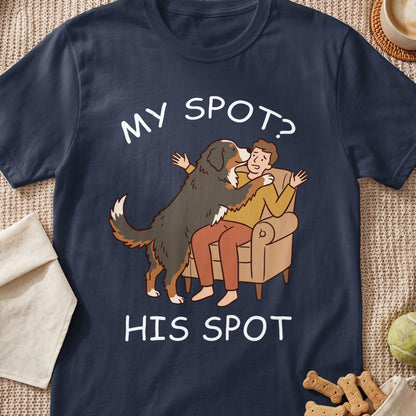 Bernese Mountain Dog hugs man on couch with text "MY SPOT? HIS SPOT."