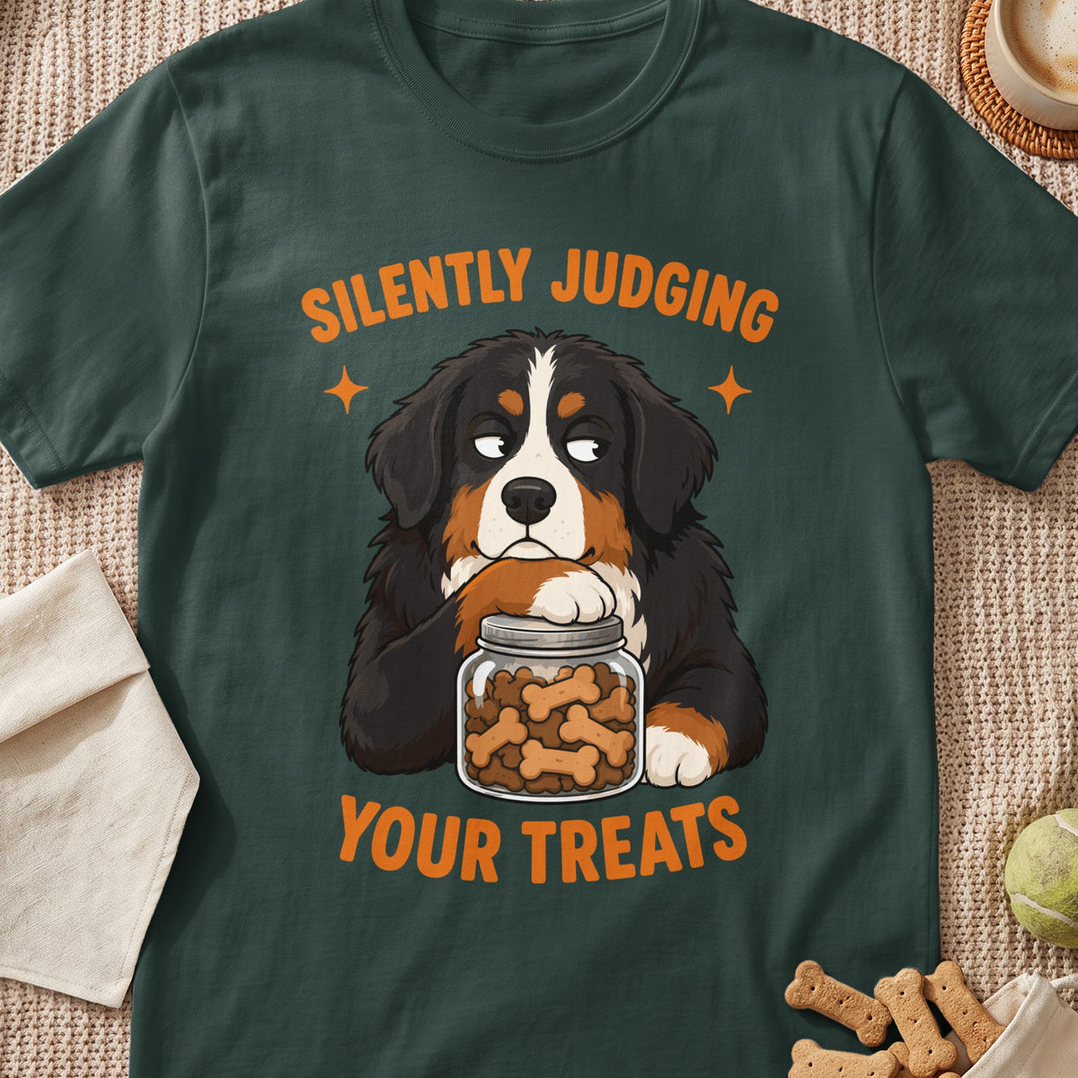 Bernese Mountain Dog with jar of treats, text "SILENTLY JUDGING YOUR TREATS".