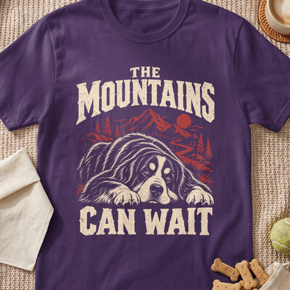 Purple t-shirt with dog, mountains, and text: "The Mountains Can Wait".