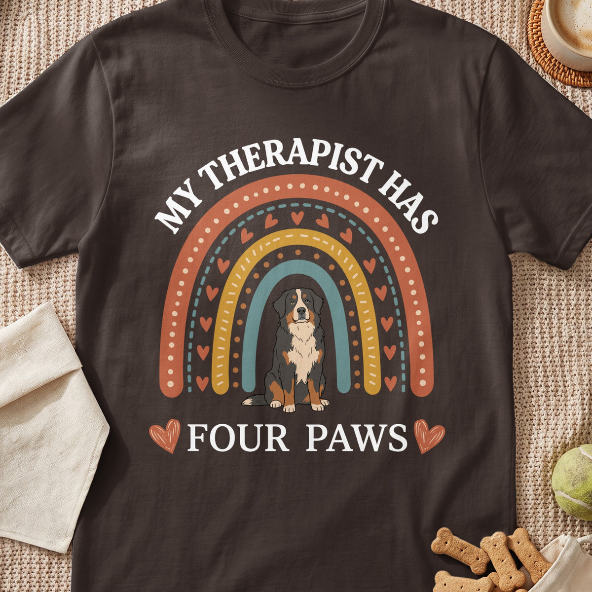Brown t-shirt with a rainbow graphic, a Bernese Mountain Dog, and text "MY THERAPIST HAS FOUR PAWS".