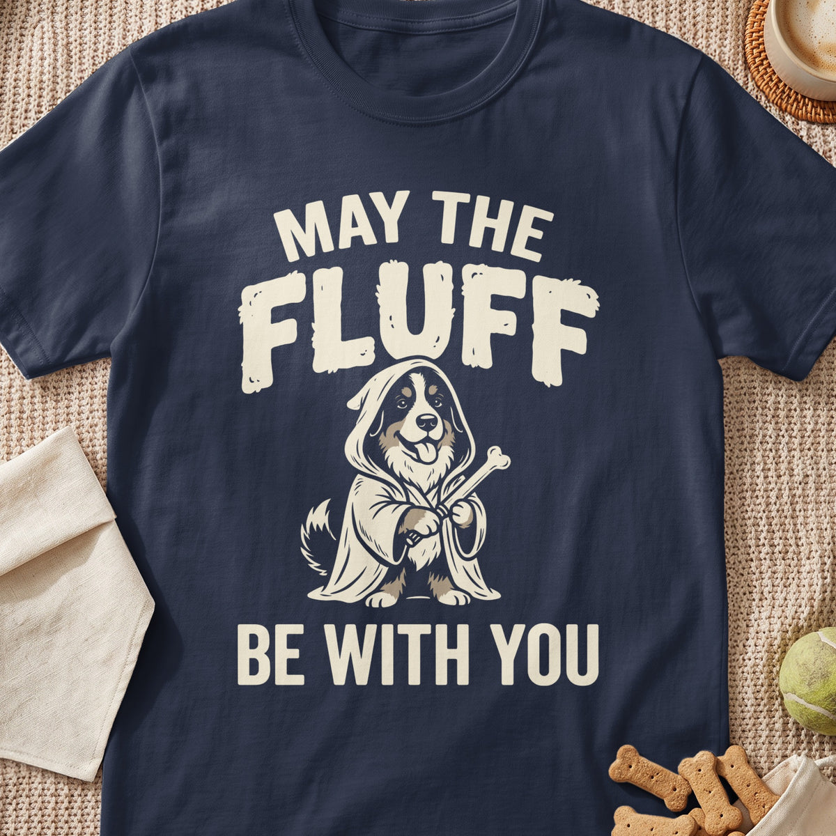 Navy t-shirt with a dog in a robe holding a bone, text reads "MAY THE FLUFF BE WITH YOU".