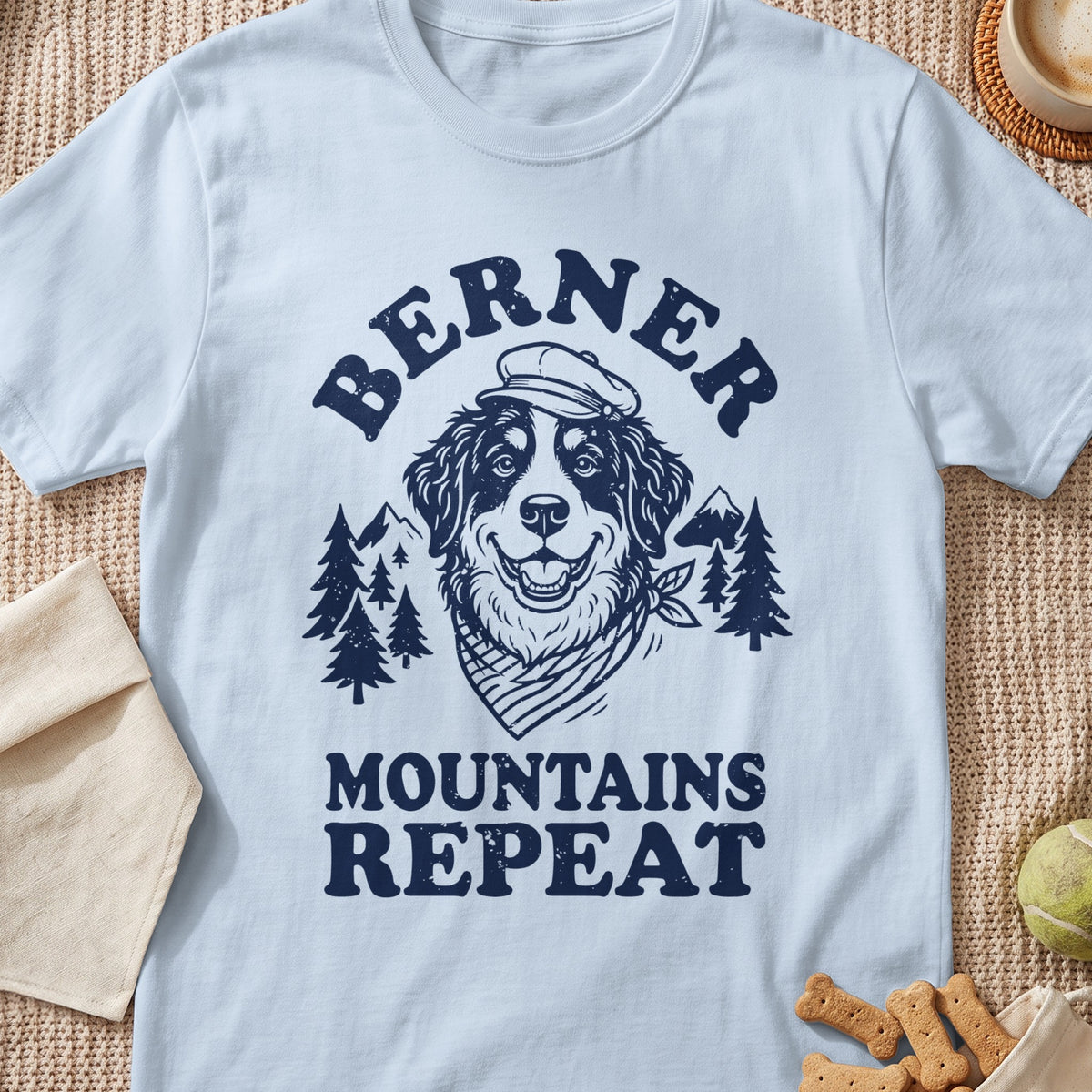Bernese Mountain Dog with hat and bandana, text "BERNER MOUNTAINS REPEAT"
